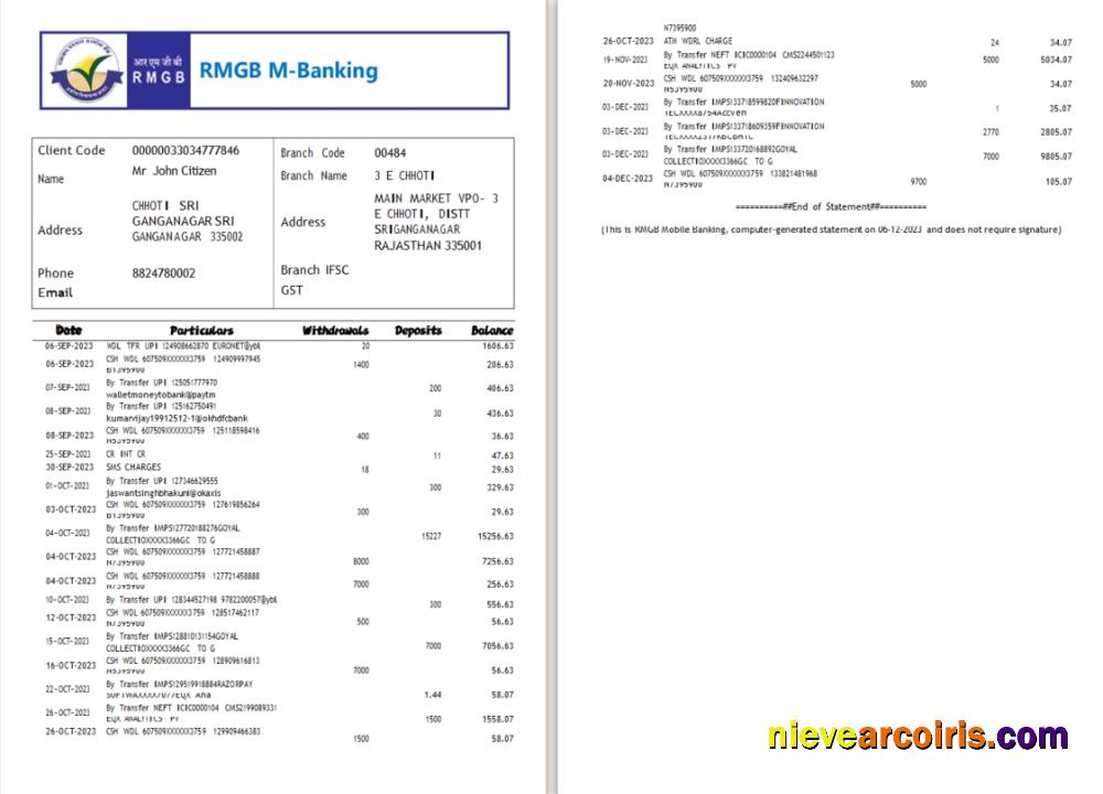 India RMGB bank statement Word and PDF, 2 pages scr